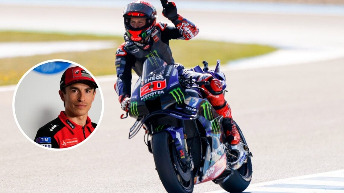 Image of Yamaha rider Fabio Quartararo celebrating with an inset of Marc Marquez