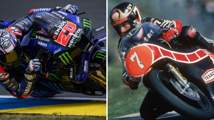 Split image of Yamaha rider Fabio Quartararo at the French Grand Prix and MotoGP legend Barry Sheene
