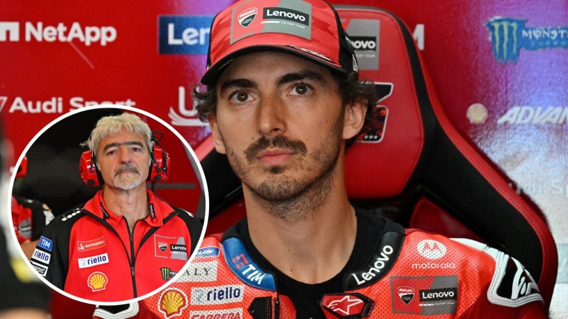 Francesco Bagnaia pictured inside the Ducati garage, inset Luigi Dall'Igna
