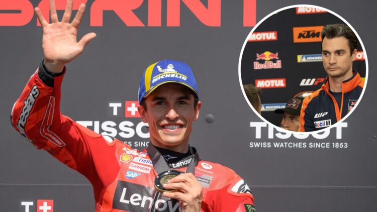 Ducati rider Marc Marquez celebrates winning the Sprint Race at the 2025 MotoGP French Grand Prix with an inset of KTM test rider Dani Pedrosa