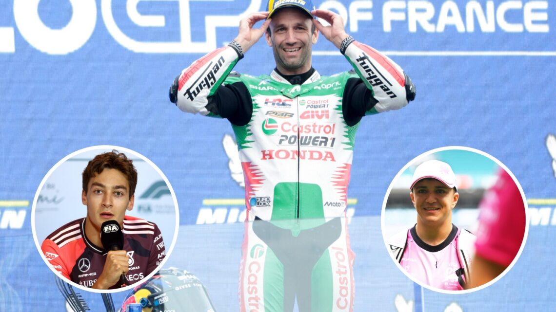 Johann Zarco celebrates victory at the 2025 French Grand Prix with insets of Isack Hadjar and George Russell