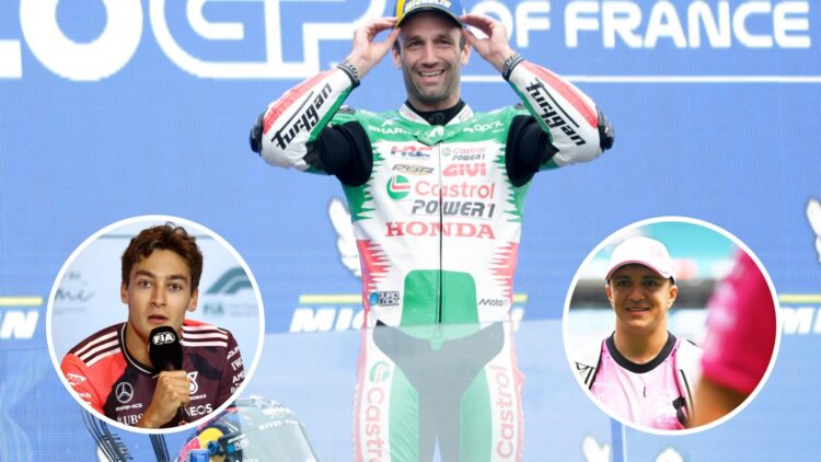 Johann Zarco celebrates victory at the 2025 French Grand Prix with insets of Isack Hadjar and George Russell