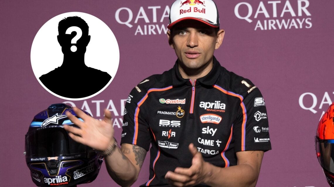Aprilia rider Jorge Martin in a press conference with an inset of a mystery rider