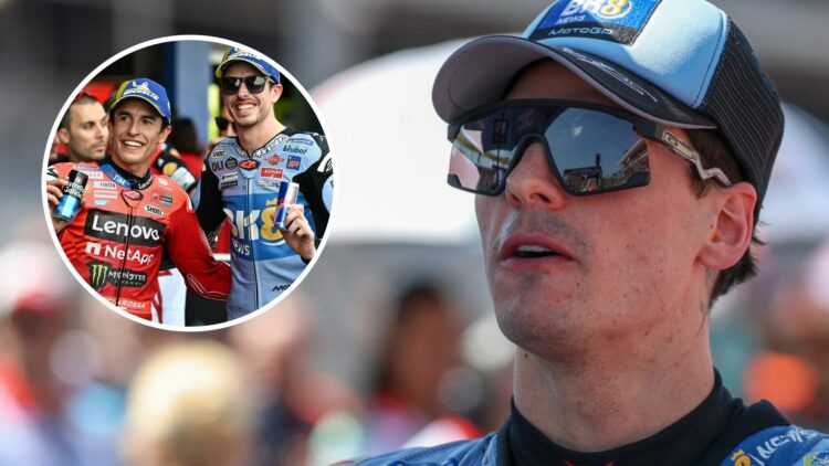 Gresini rider Fermin Aldeguer ahead of the Sprint Race at the 2025 MotoGP Americas Grand Prix with an inset of Marc and Alex Marquez