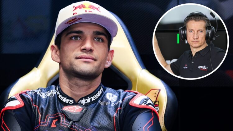 Aprilia rider Jorge Martin in the garage with an inset of CEO Massimo Rivola