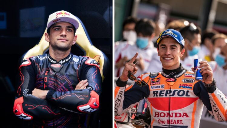Split image of Aprilia rider Jorge Martin (L) and Marc Marquez (R) at Honda in 2021 at Misano