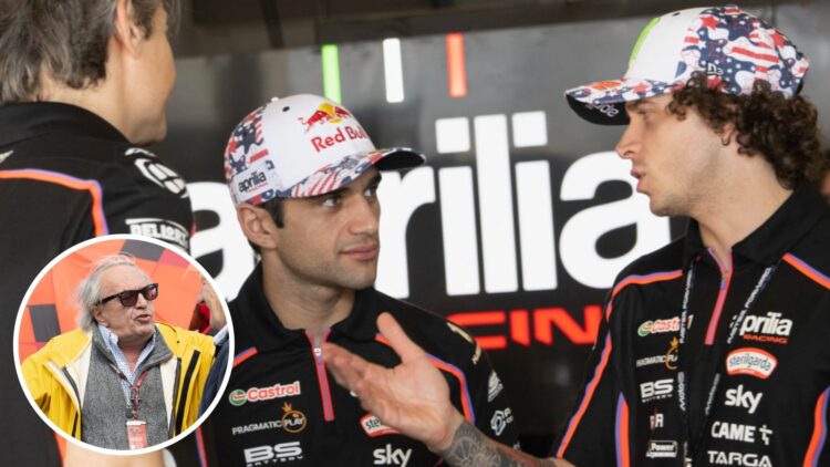Aprilia riders Jorge Martin and Marco Bezzecchi in the garage at the 2025 MptoGP Americas Grand Prix with an inset of Carlo Pernat