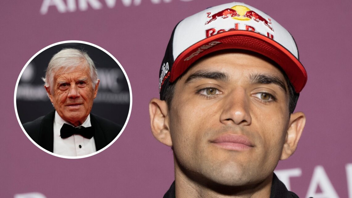 Image of Aprilia rider Jorge Martin in a press conference with an inset of Giacomo Agostini