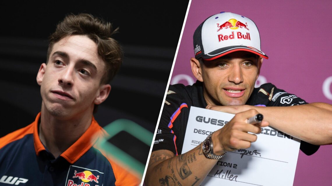 Split image of KTM rider Pedro Acosta and Aprilia's Jorge Martin, both speaking to the media