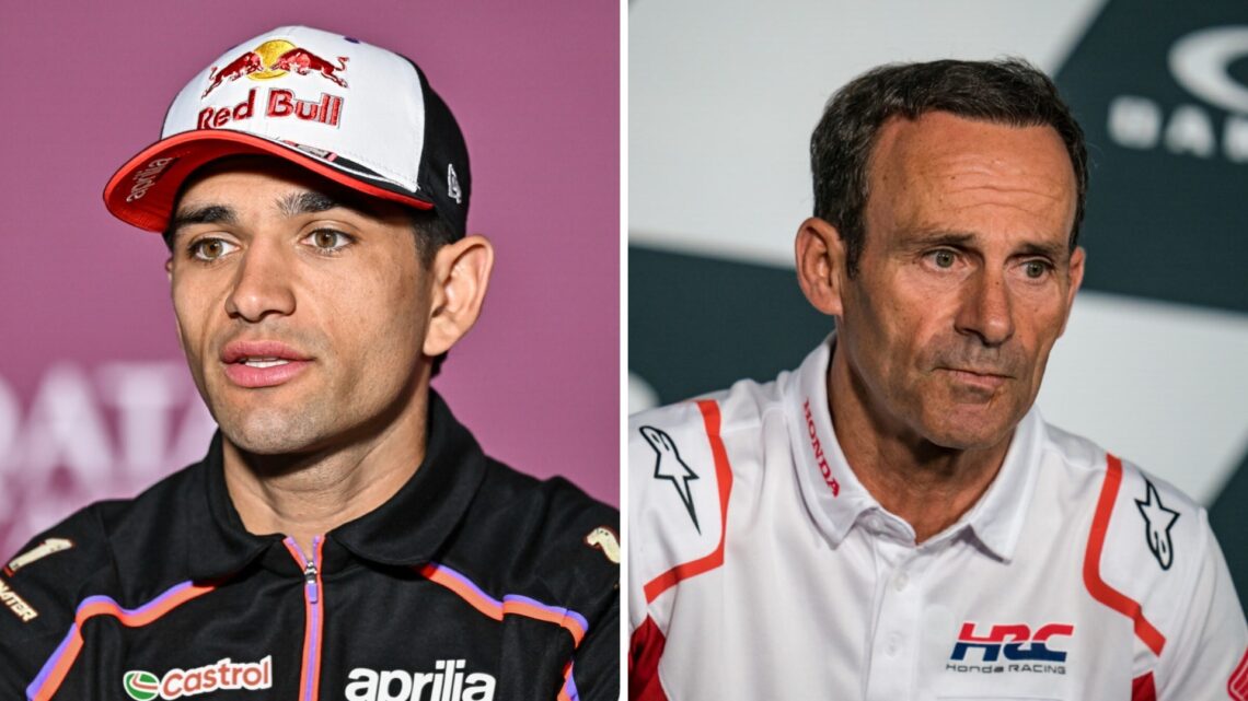 Split image of Aprilia rider Jorge Martin and Honda MotoGP boss Alberto Puig, both in press conferences