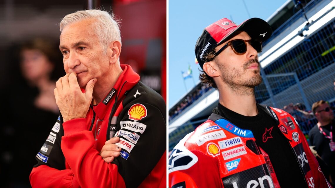 Split image of Ducati boss Davide Tardozzi in the garage and Francesco Bagnaia on the MotoGP grid