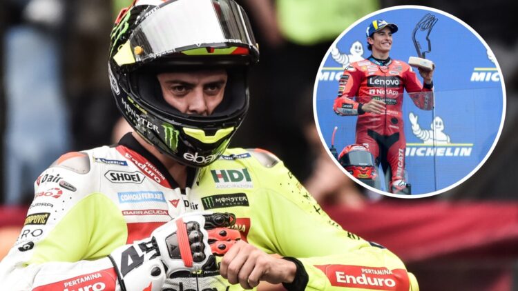 VR46 MotoGP rider Fabio Di Giannantonio attends the Serie A game between AS Roma and Fiorentina with an inset of Marc Marquez celebrating P2 in the...