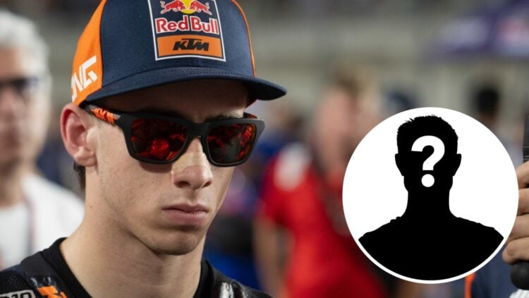 KTM rider Pedro Acosta before the 2025 MotoGP Grand Prix of Qatar with a mystery person inset