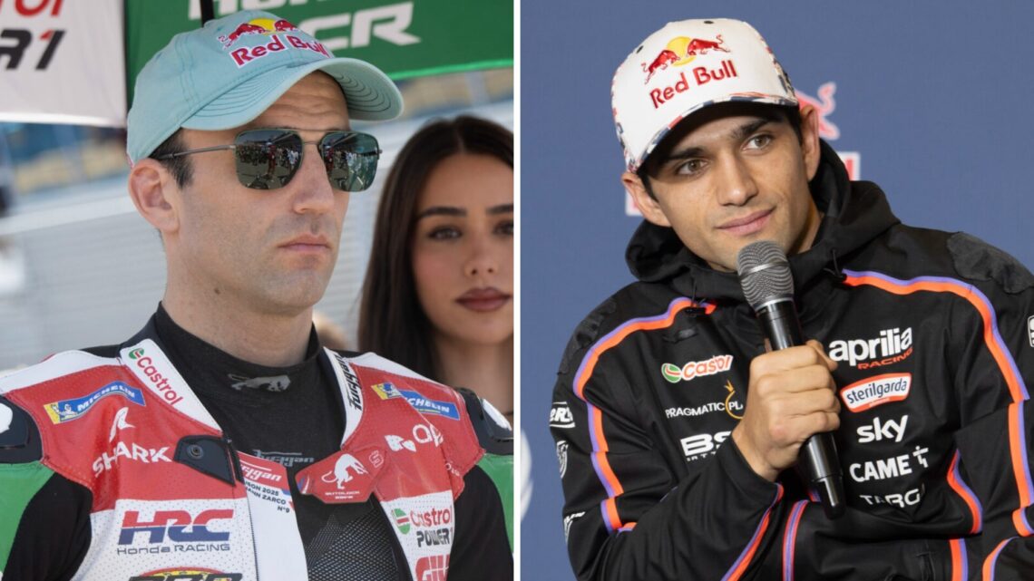 Split image of LCR Honda rider Johann Zarco on the MotoGP grid and Aprilia rider Jorge Martin in a press conference