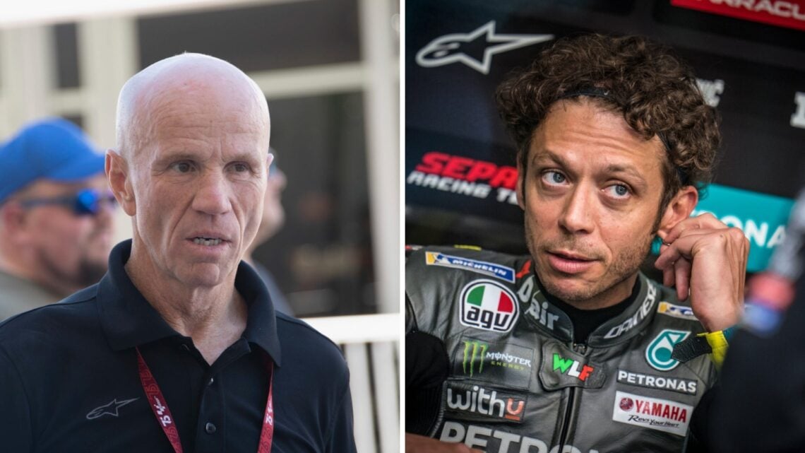 Split image of Randy Mamola walking in the MotoGP paddock and Valentino Rossi in the garage