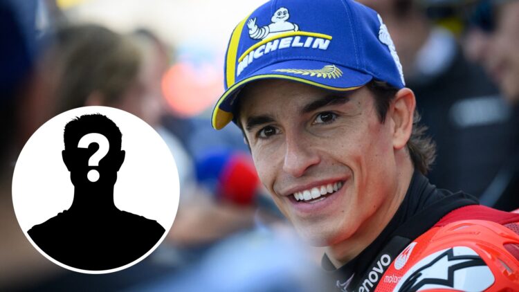 Ducati rider Marc Marquez reacts after qualifying for the 2025 MotoGP French Grand Prix with a mystery person inset