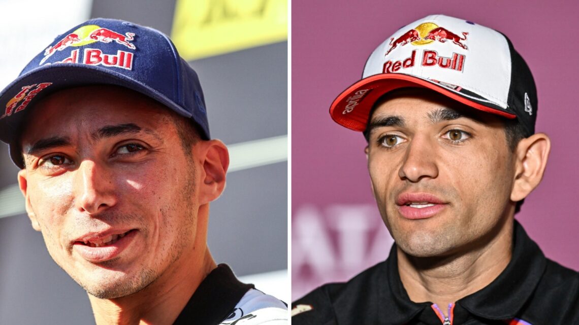 Split image of World Superbikes rider Toprak Razgatlioglu and Aprilia's Jorge Martin in a MotoGP press conference