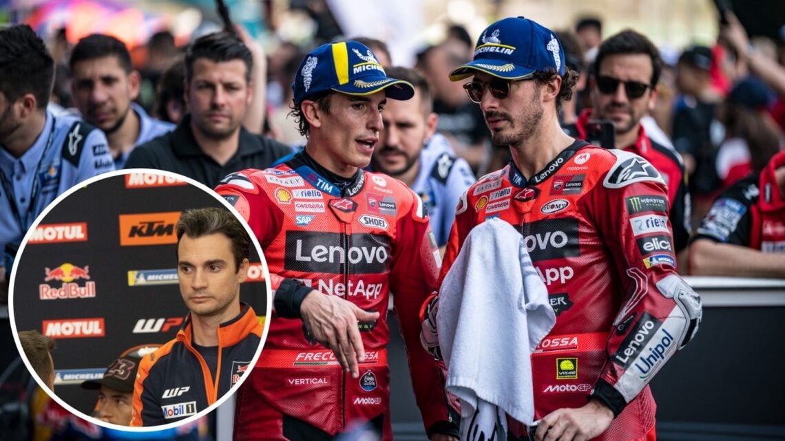 Marc Marquez and Francesco Bagnaia after qualifying at the 2025 Thailand Grand Prix, inset Dani Pedrosa