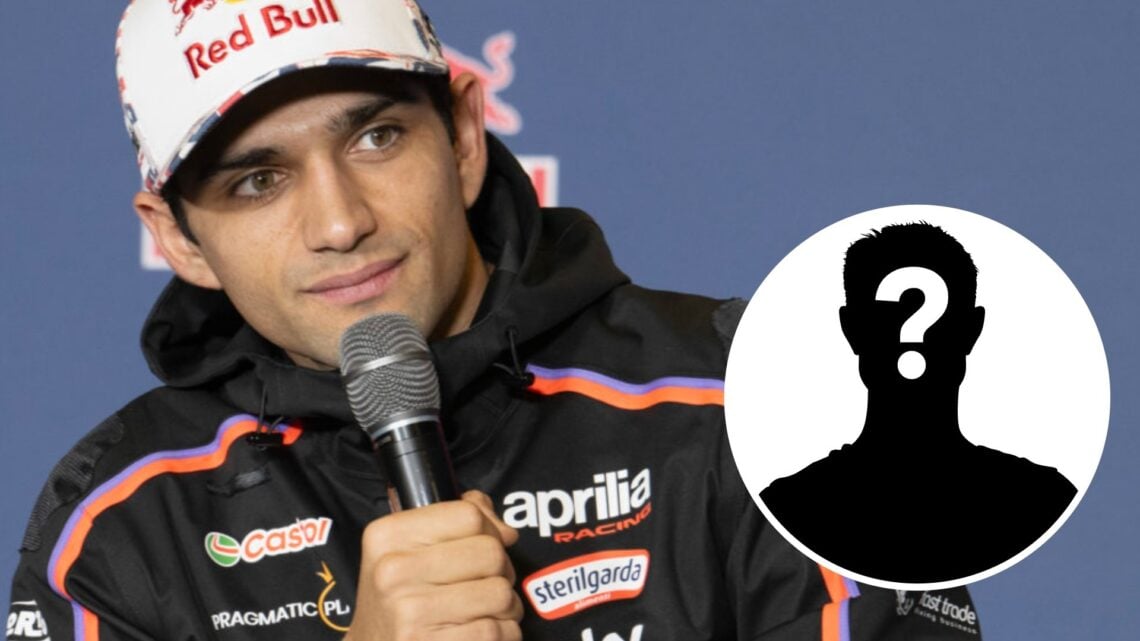 Aprilia rider Jorge Martin speaks to the media at the 2025 MotoGP Americas Grand Prix with a mystery person inset