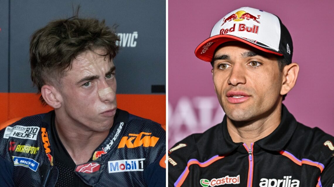 KTM rider Pedro Acosta in his garage during practice for the 2025 MotoGP Thai Grand Prix and Aprilia rider Jorge Martin talks to the media at the 2...