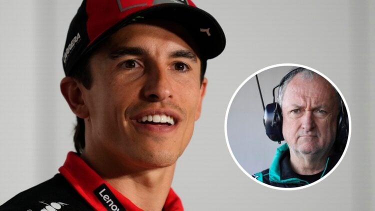 Marc Marquez speaks at the 2025 Grand Prix of Spain with an inset of Ramon Forcada