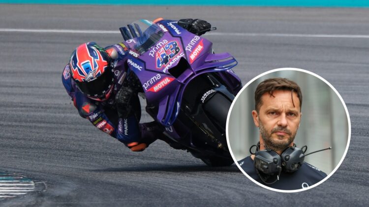 Pramac Racing's Jack Miller rides during the 2025 MotoGP season with an inset of Gino Borsoi