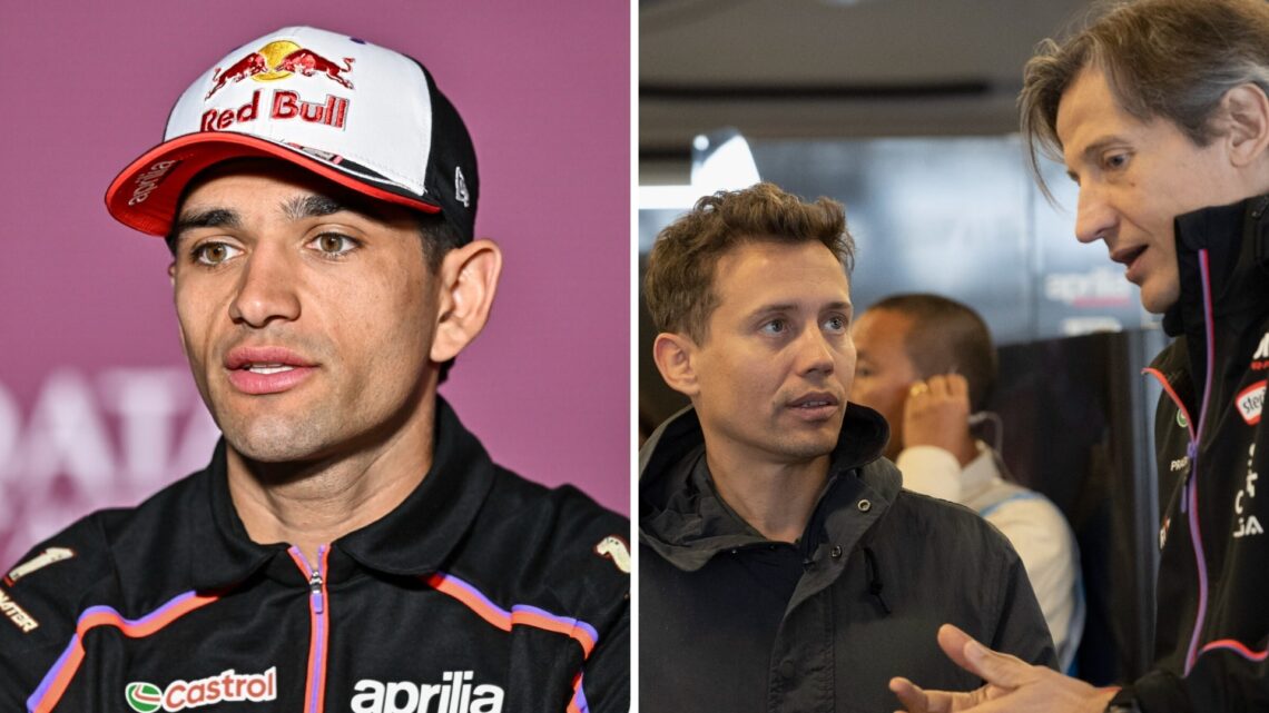 Split image of Aprilia rider Jorge Martin in a press conference and manager Albert Valera talking to Massimo Rivola