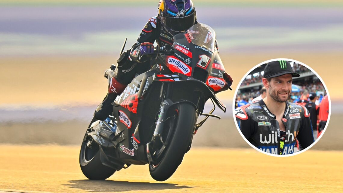 Image of Jorge Martin riding Aprilia's MotoGP bike with an inset of Cal Crutchlow