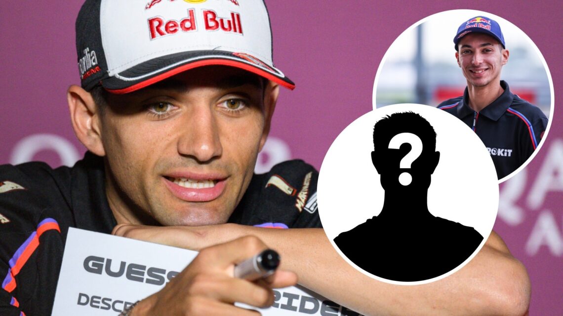 Aprilia rider Jorge Martin speaks in the Qatar Grand Prix press conference with an inset of BMW World Superbikes rider Toprak Razgatlioglu in the C...