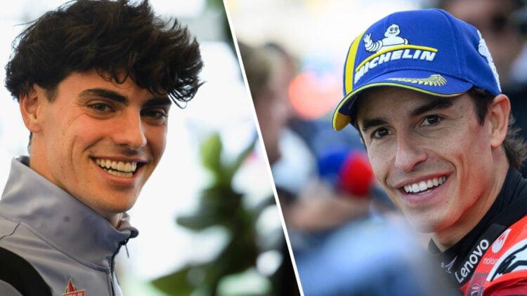 Split image of Gresini rider Fermin Aldeguer and Ducati's Marc Marquez, both smiling