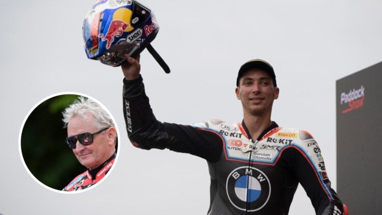 Toprak Ratzaglioglu celebrates second place at the World Superbike Championship in Italy with an inset of Kevin Schwantz