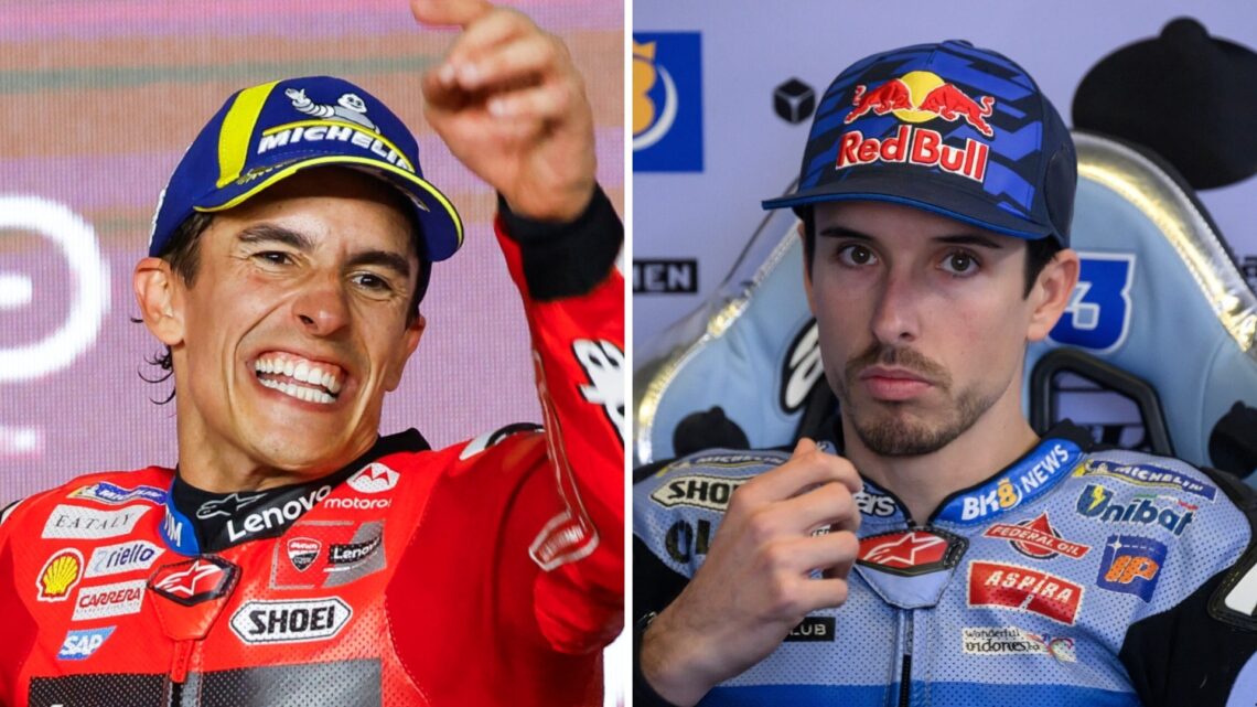 Ducati rider Marc Marquez celebrates winning the 2025 MotoGP Qatar Grand Prix and Alex Marquez in the Gresini garage at Le Mans