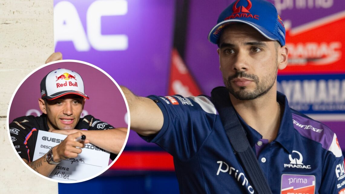 Pramac Yamaha rider Miguel Oliveira in the Lusail pit lane with an inset of Aprilia rider Jorge Martin in the 2025 MotoGP Qatar Grand Prix press co...