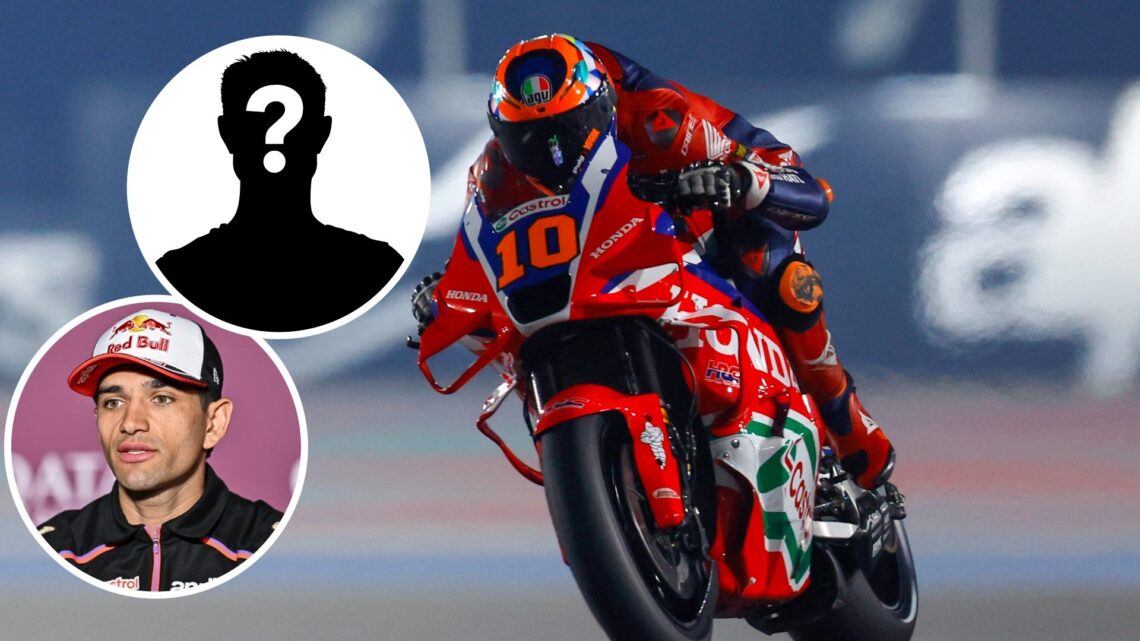 Luca Marini riding his Honda RC213V at the 2025 Qatar Grand Prix, insets Jorge Martin and Mystery