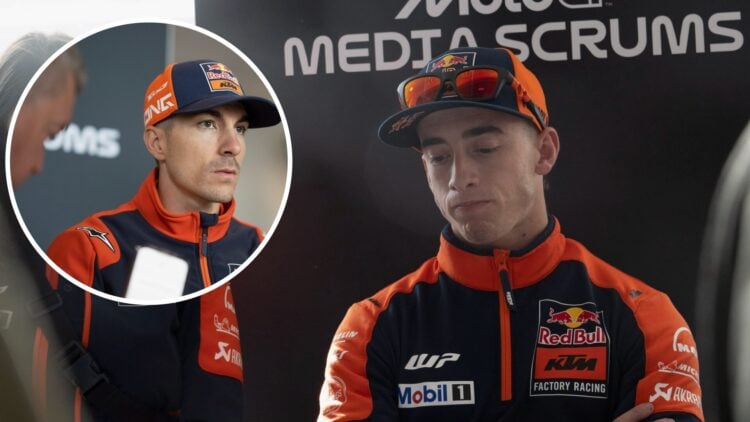 KTM rider Pedro Acosta speaks to the media after practice for the British Grand Prix at Silverstone with an inset of Tech3 rider Maverick Vinales