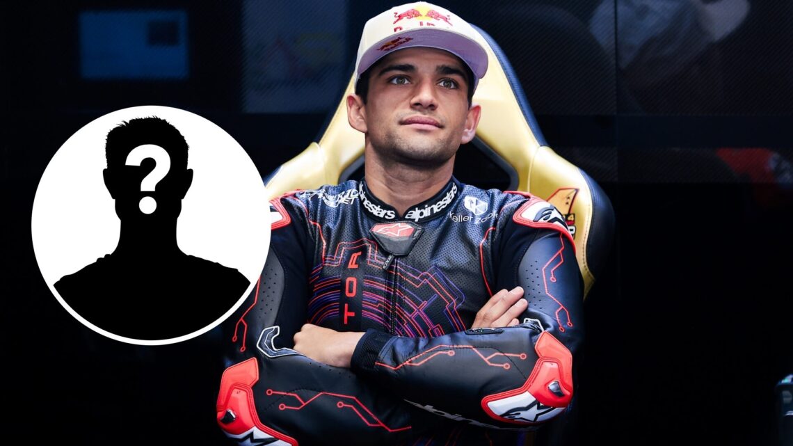 Image of Jorge Martin of Aprilia sitting in the garage with an inset of a mystery rider