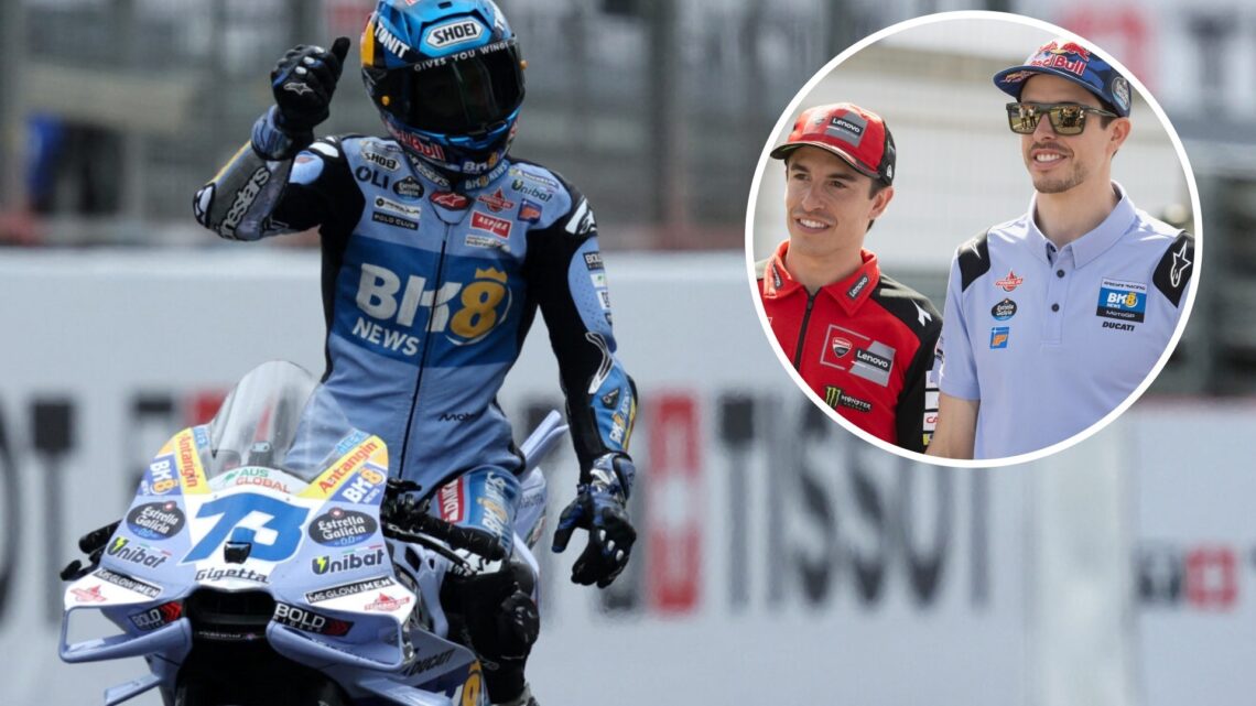 Alex Marquez wins the Silverstone Sprint at the 2025 MotoGP British Grand Prix with an inset of the Gresini rider with Ducati rider Marc Marquez