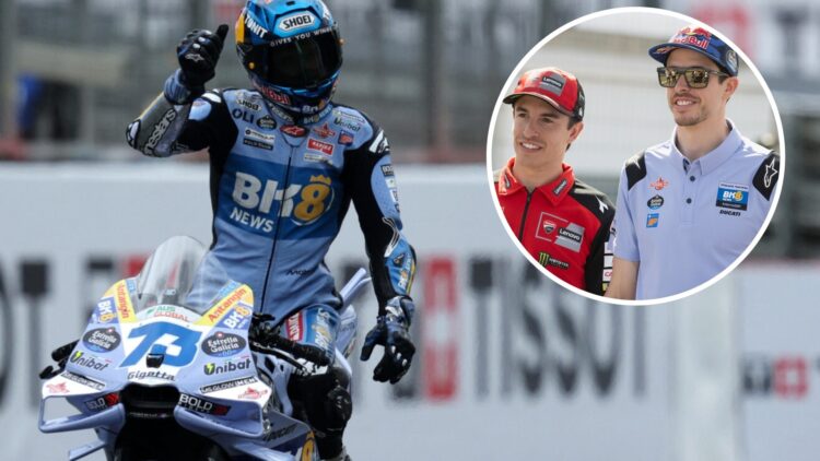 Alex Marquez wins the Silverstone Sprint at the 2025 MotoGP British Grand Prix with an inset of the Gresini rider with Ducati rider Marc Marquez