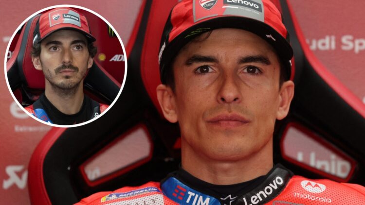 Ducati rider Marc Marquez in his garage during practice for the 2025 MotoGP British Grand Prix at Silverstone with an inset of Francesco Bagnaia