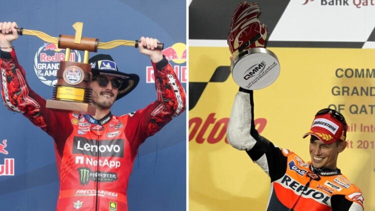 Split image of Francesco Bagnaia (L) on the podium at the 2025 Americas Grand Prix and Casey Stoner (R)
