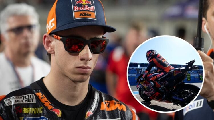 Pedro Acosta on the grid at the 2025 Qatar Grand Prix, inset Tech3 rider Maverick Vinales