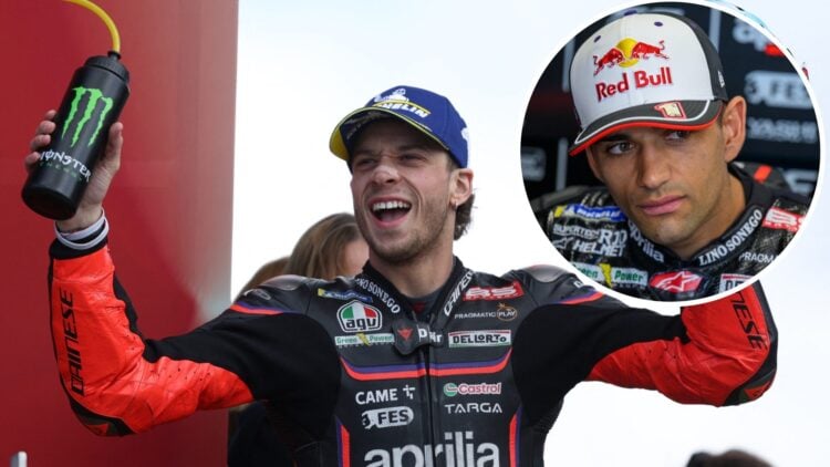 Aprilia rider Marco Bezzecchi celebrates victory at the 2025 British Grand Prix, inset Jorge Martin