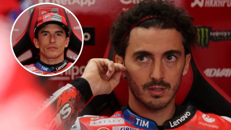 Ducati rider Francesco Bagnaia in the garage during practice for the 2025 MotoGP British Grand Prix at Silverstone with an inset of Marc Marquez
