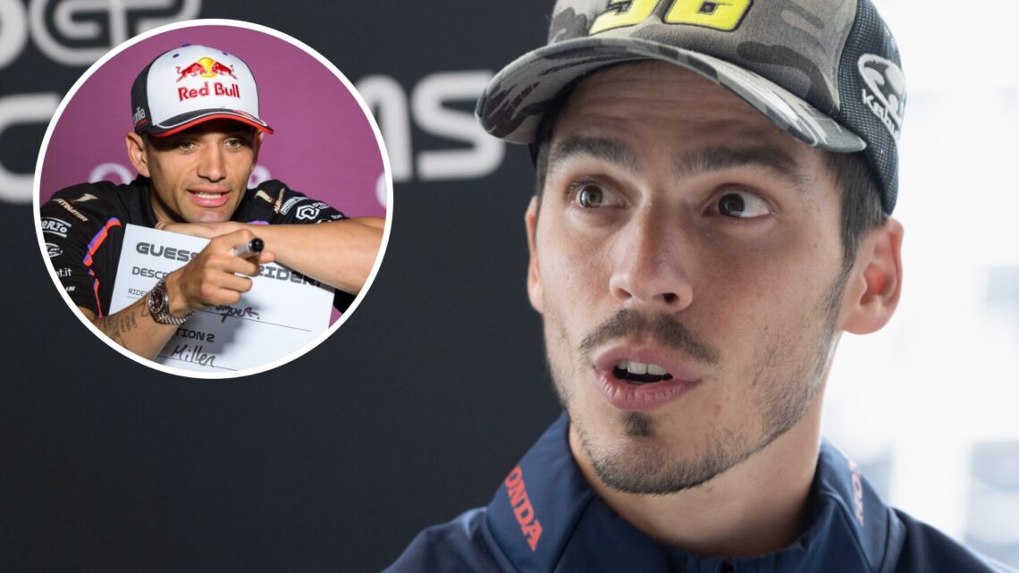 Honda rider Joan Mir speaks to the media before the British Grand Prix with an inset of Aprilia rider Jorge Martin in Qatar
