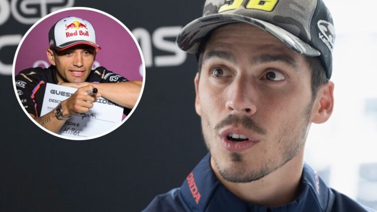 Honda rider Joan Mir speaks to the media before the British Grand Prix with an inset of Aprilia rider Jorge Martin in Qatar