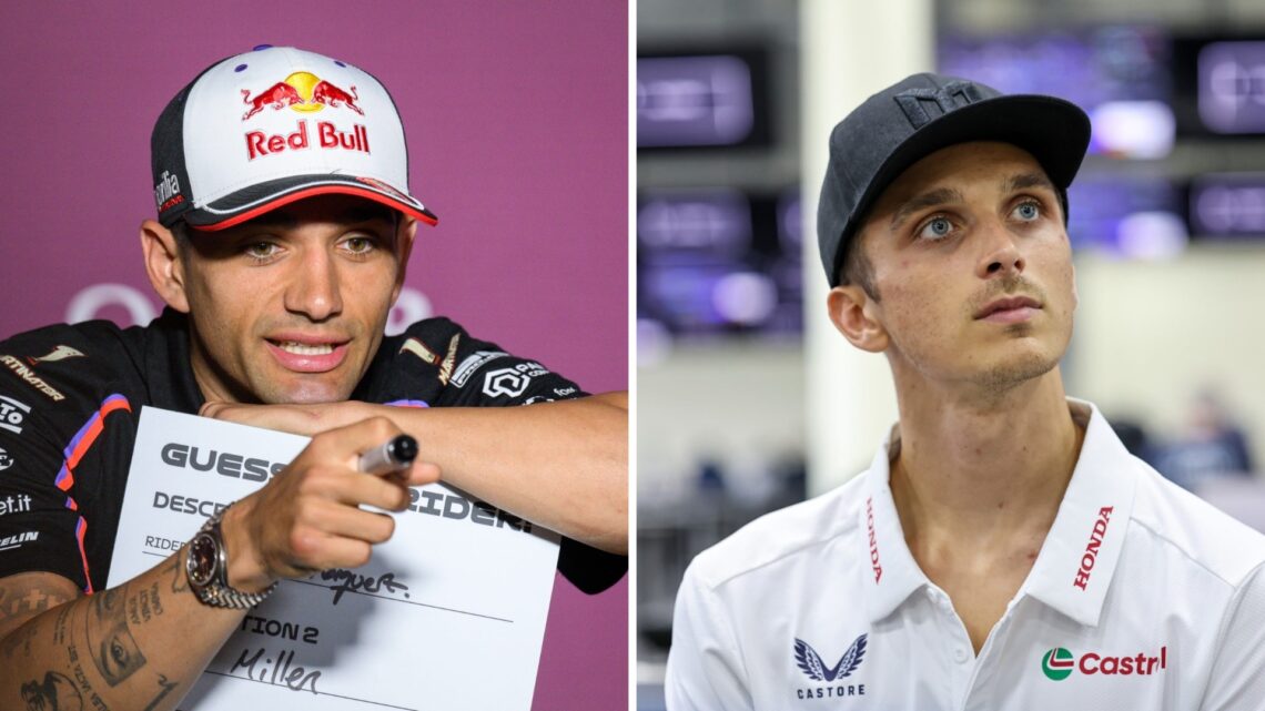 Split image of Aprilia rider Jorge Martin (L) at the 2025 Qatar Grand Prix and Honda rider Luca Marini (R)