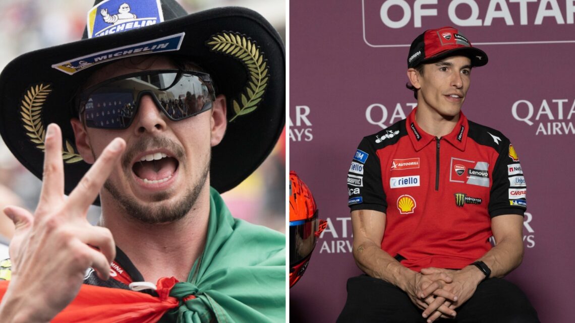 Split image of VR46 rider Fabio Di Giannantonio (L) and Ducati rider Marc Marquez (R)