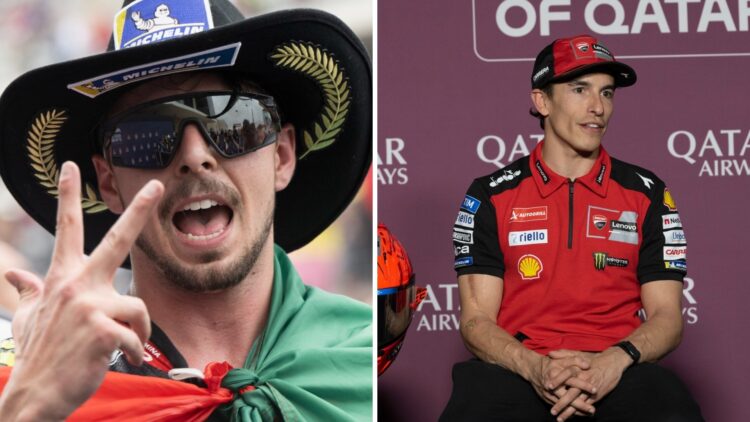 Split image of VR46 rider Fabio Di Giannantonio (L) and Ducati rider Marc Marquez (R)