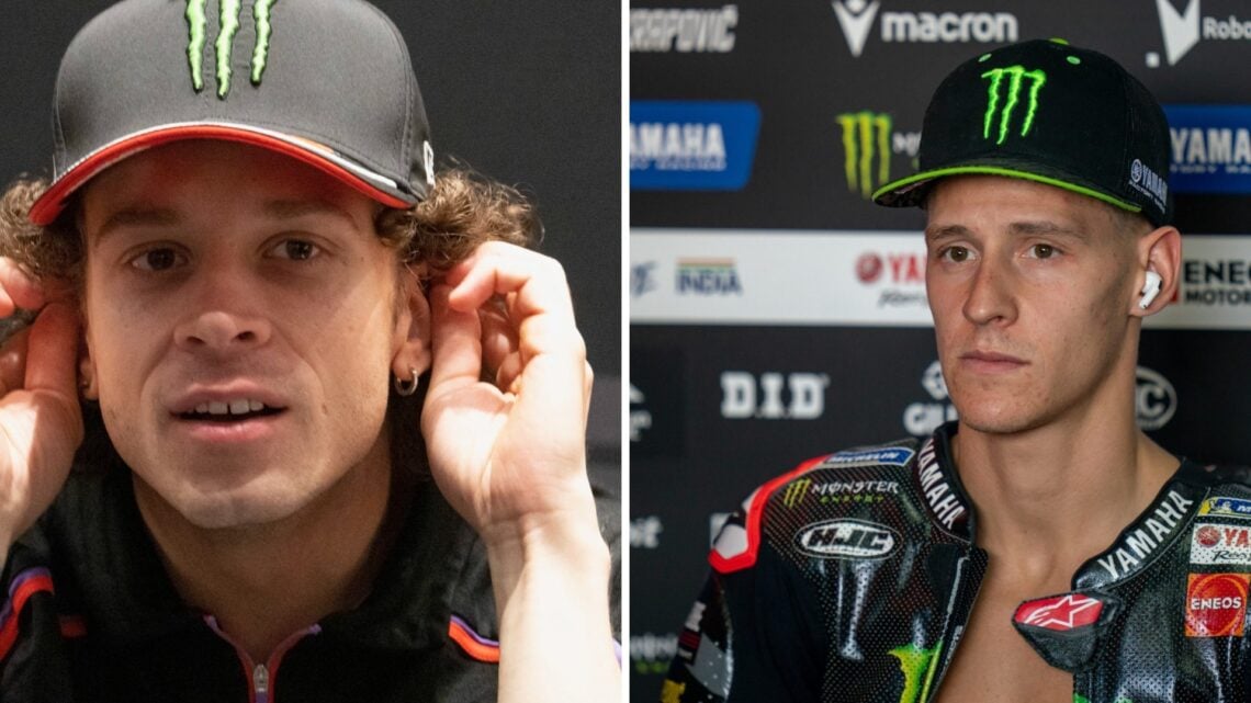 Split image of Marco Bezzecchi (L) at the 2025 Qatar Grand Prix and Fabio Quartararo (R)