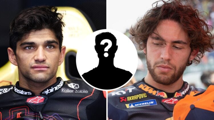Aprilia rider Jorge Martin in the garage at the 2024 MotoGP post-season Barcelona test and KTM Tech3 rider Enea Bastianini on the grid before the 2...